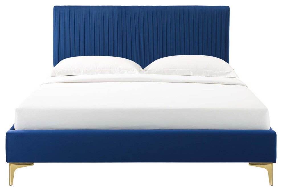 Platform Bed Frame, King Size, Velvet, Blue Navy, Modern Contemporary, Bedroom