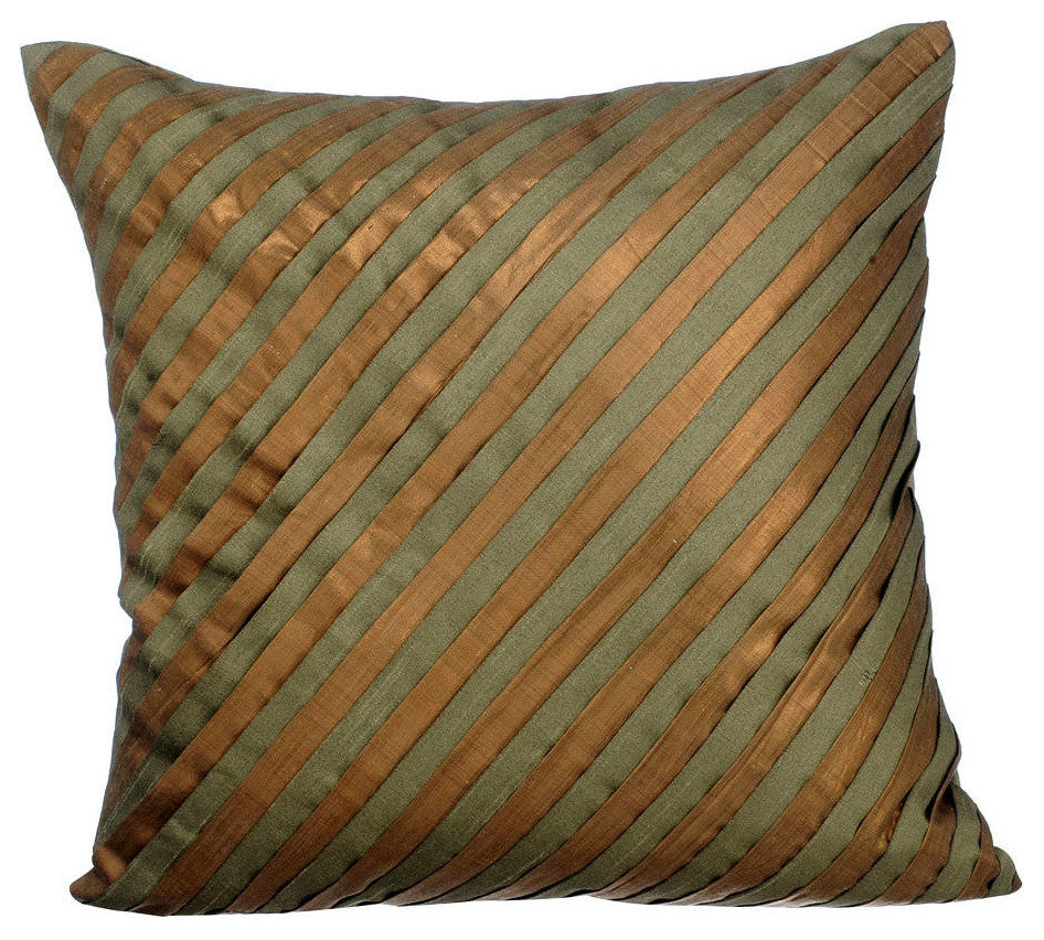Green Decorative Pillow Covers 14"x14" Silk, Unfolding Olive Copper