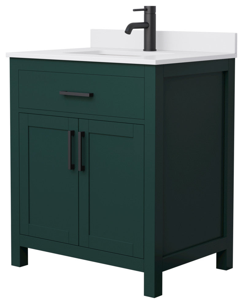 30"SGL Bathroom Vanity, Green, White Cult. Marble Countertop, Sink, Black Trim