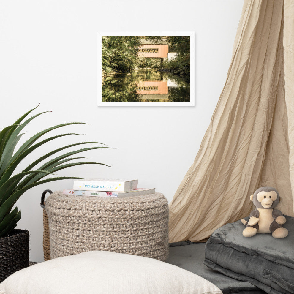 The Reflections of Wooddale Covered Bridge Aged Framed Photo Wall Art Print, White, 12" X 16"