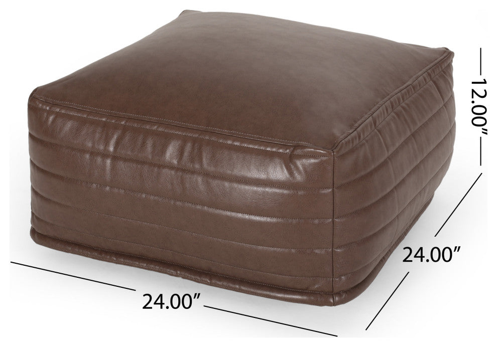 Conrail Contemporary Faux Leather Channel Stitch Pouf, Brown, Square