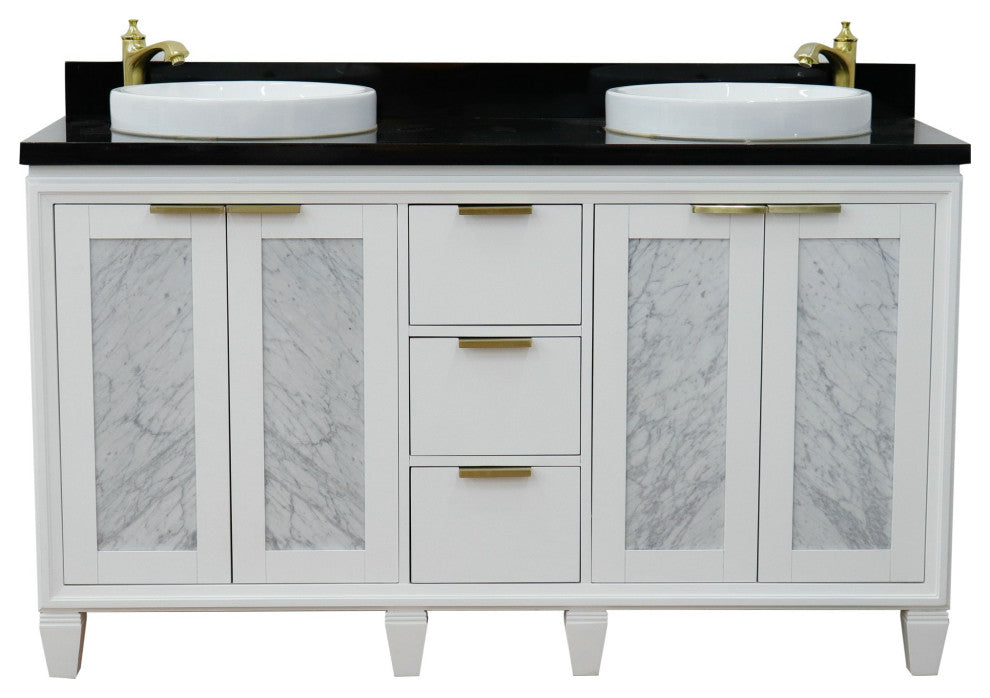 61" Double Sink Vanity, White Finish With Black Galaxy Granite And Round Sink