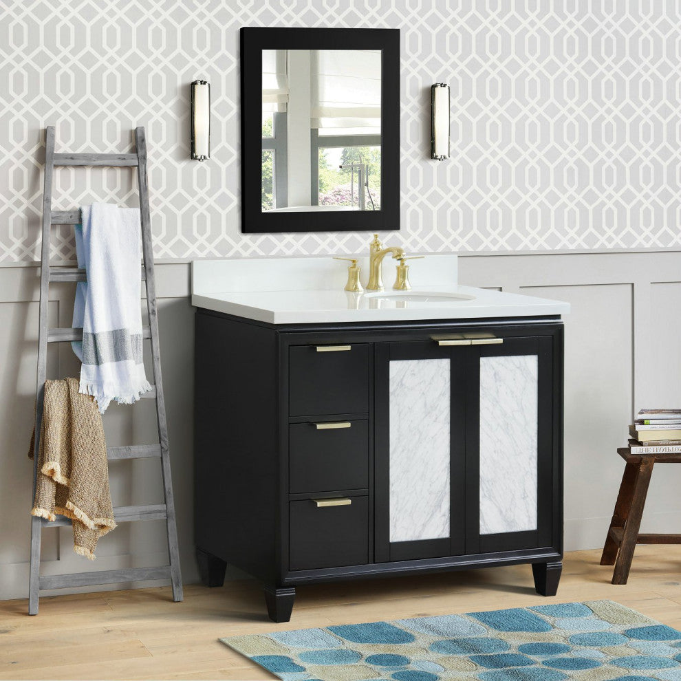 43" Single Vanity, Black Finish With White Engineered Stone Top