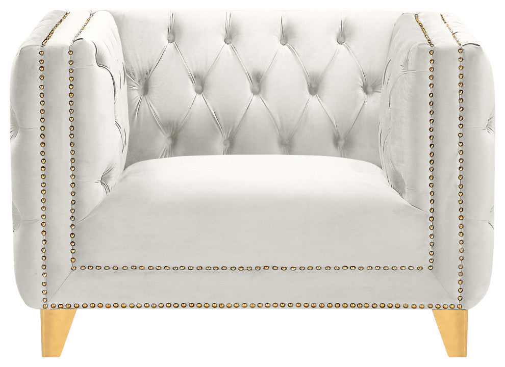 Michelle Fabric Upholstered Chair, Gold Iron Legs, Cream, Velvet, Chair