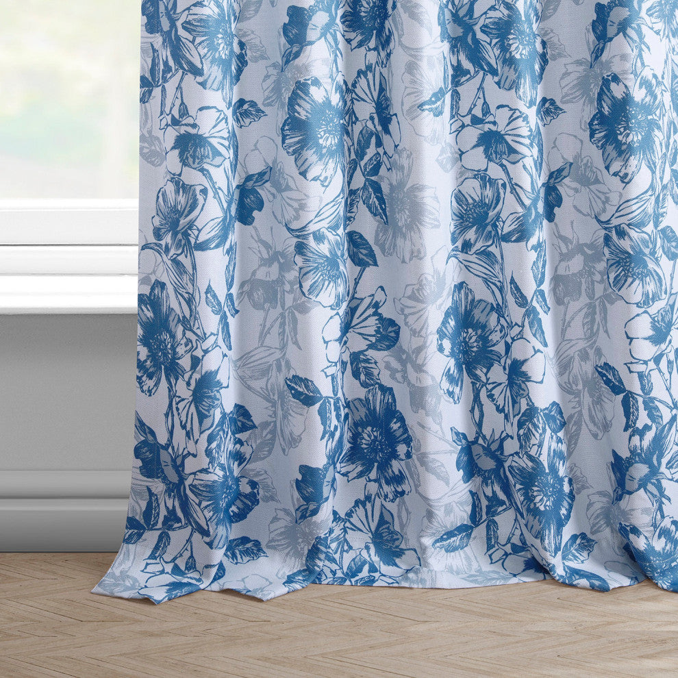 Blue Poppy Printed Linen Textured Room Darkening Curtain Single Panel, 50"x108"