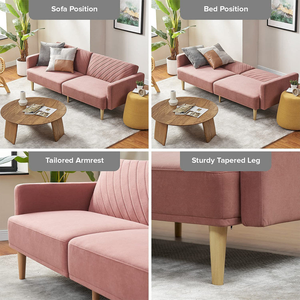 Mopio Chloe Futon Sofa Bed, Convertible Sleeper Sofa Light Gray, Old Rosa