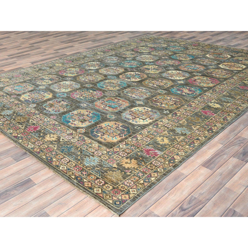 Sage Green, Hand Knotted Afghan Super Kazak Pure Wool Oriental Rug, 8'9"x11'7"