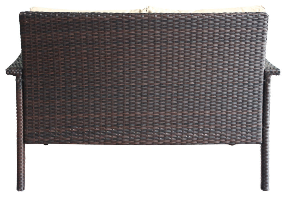 GDF Studio Hilary Outdoor Brown Wicker Loveseat With Water Resistant Cushions, Brown/Tan