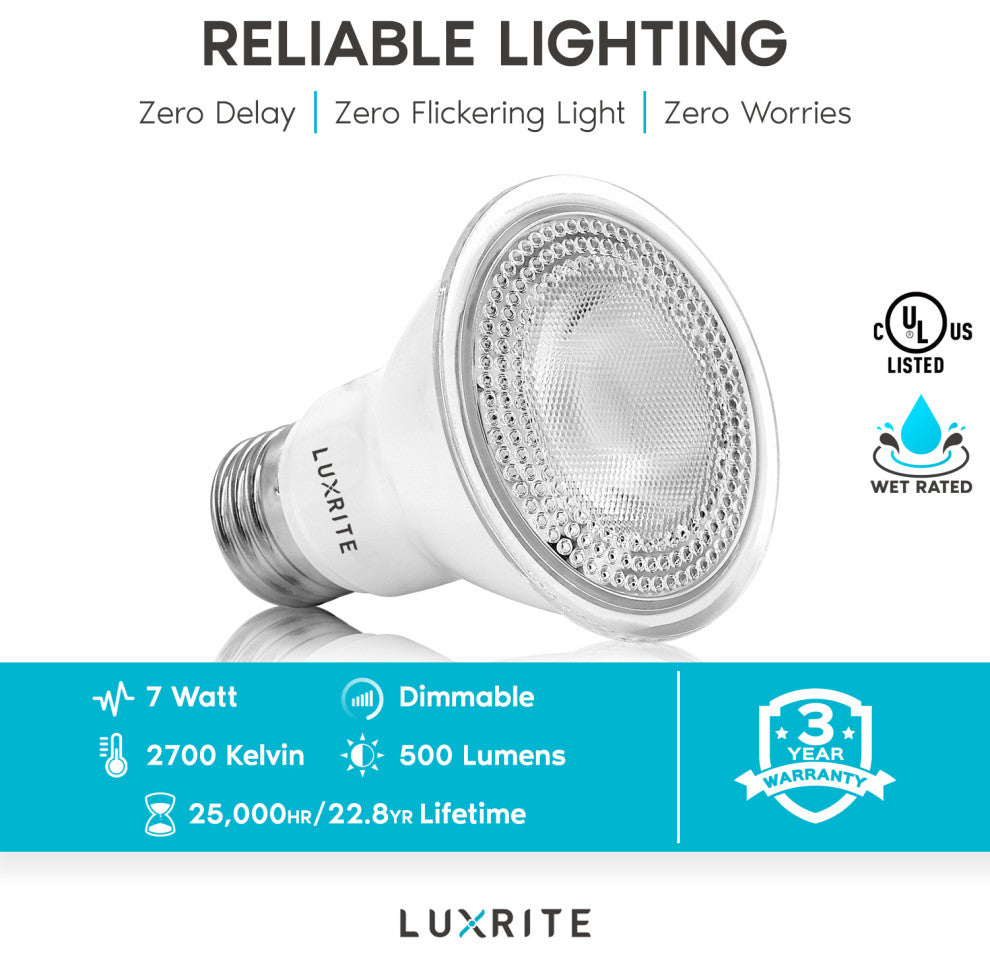 Luxrite 6 Pack PAR20 LED Bulb 7W 2700K Dimmable Wet Rated UL Listed
