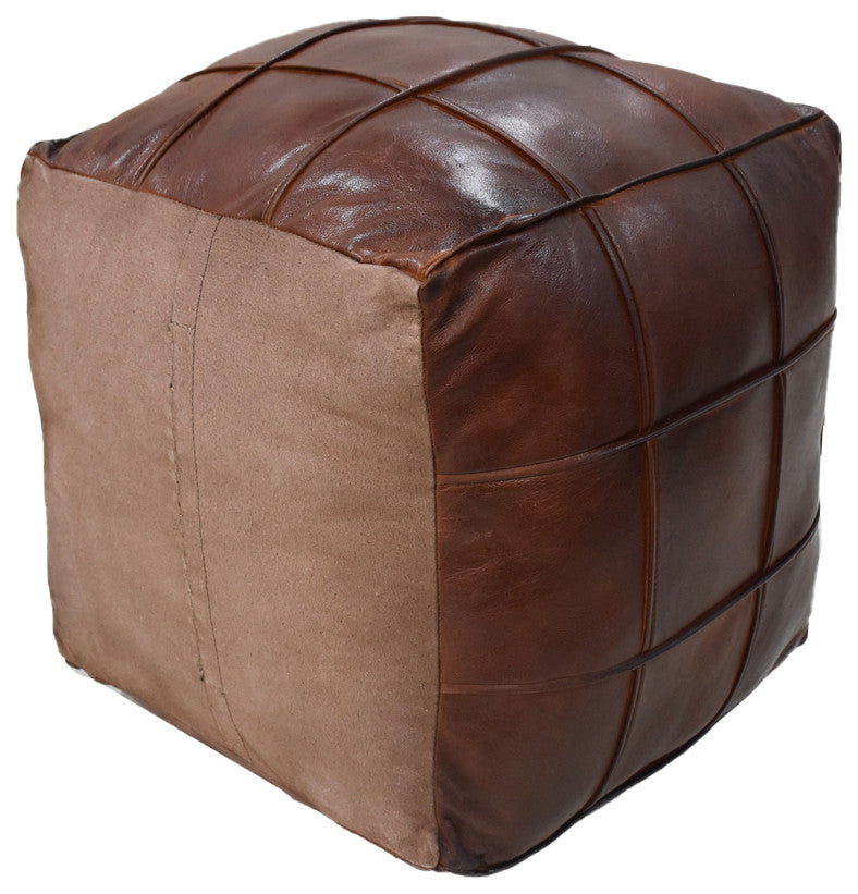 Pouf-Solid Handmade Leather Pouf (Recycled Foam with Fiber Fill), Brown, Square, 16x16x16