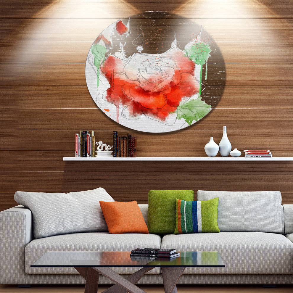 Red Rose Illustration Watercolor, Modern Floral Round Wall Art, 11"