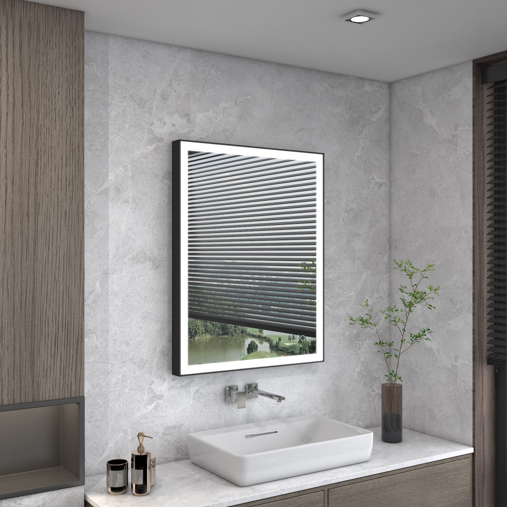 Framed LED Lighted Bathroom Vanity Mirror With Defogger, Matte Black, 28"x36"