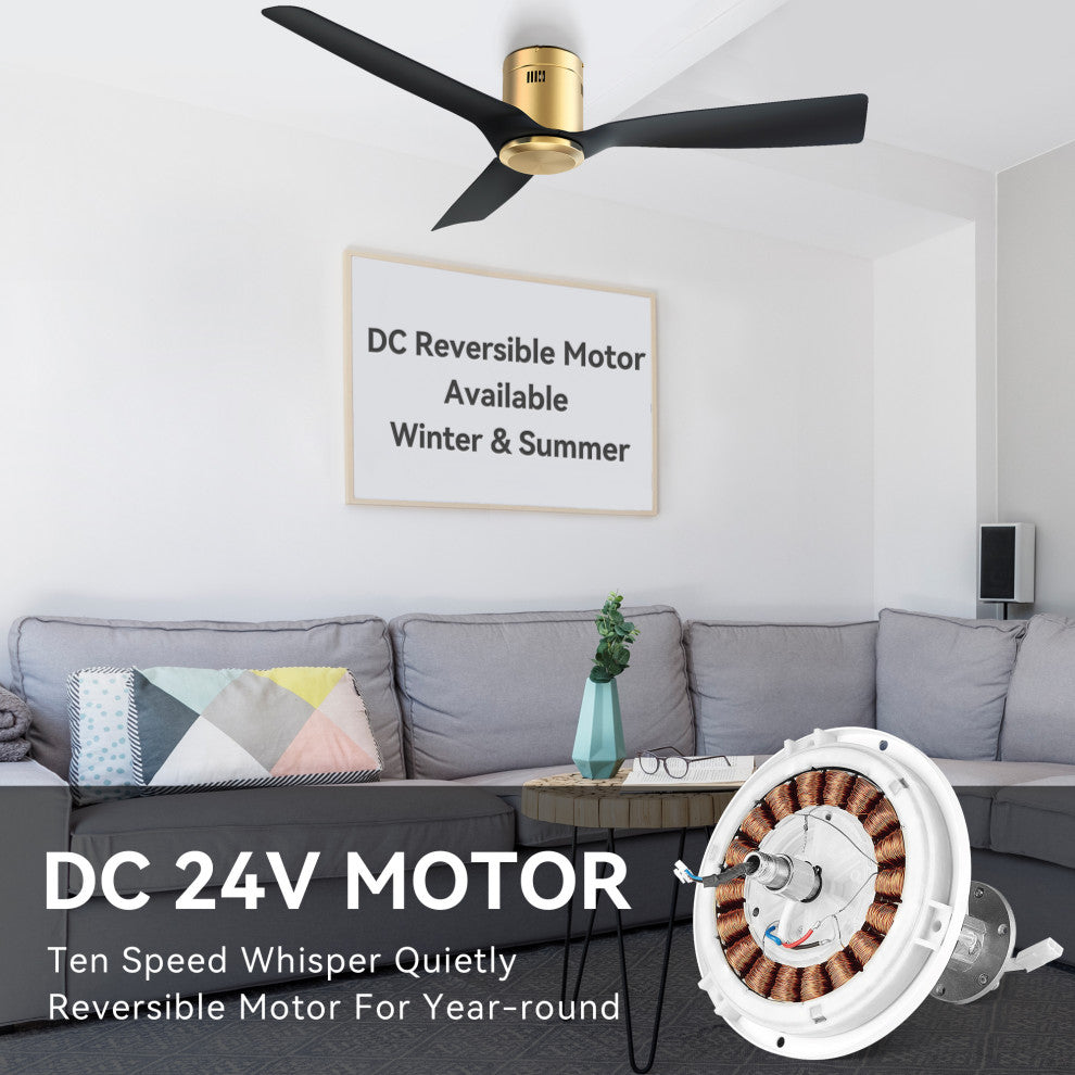 CARRO 52" 3 Blades Flush Mount Ceiling Fan with Remote Control No Light, Black/Gold