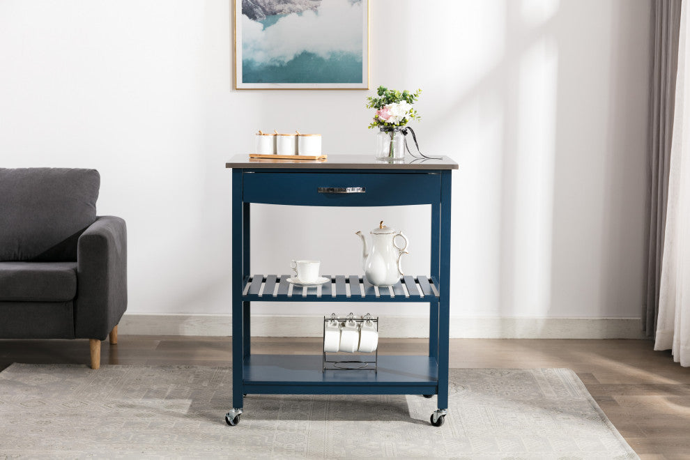 Holland kitchen cart with stainless steel top, navy blue