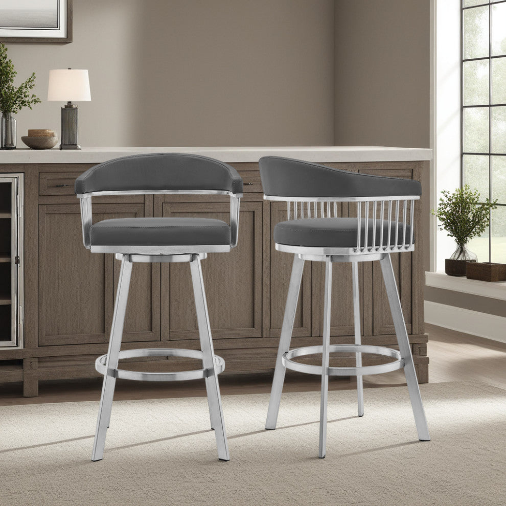 Chelsea Gray Faux Leather and Brushed Stainless Steel Swivel Bar Stool, 30 Inch