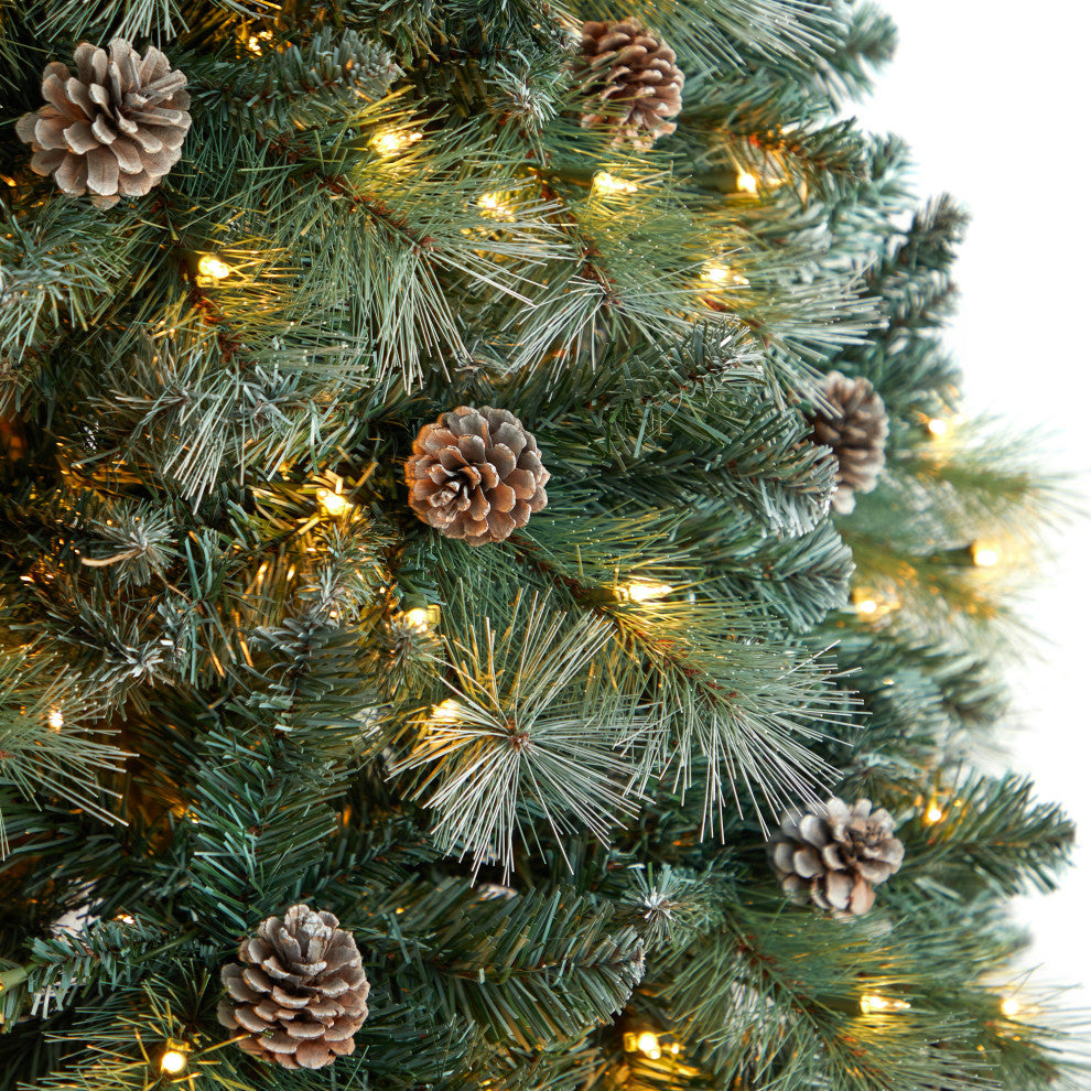 8' Frosted Tip British Columbia Mountain Pine Faux Xmas Tree W/Lights & Pinecone