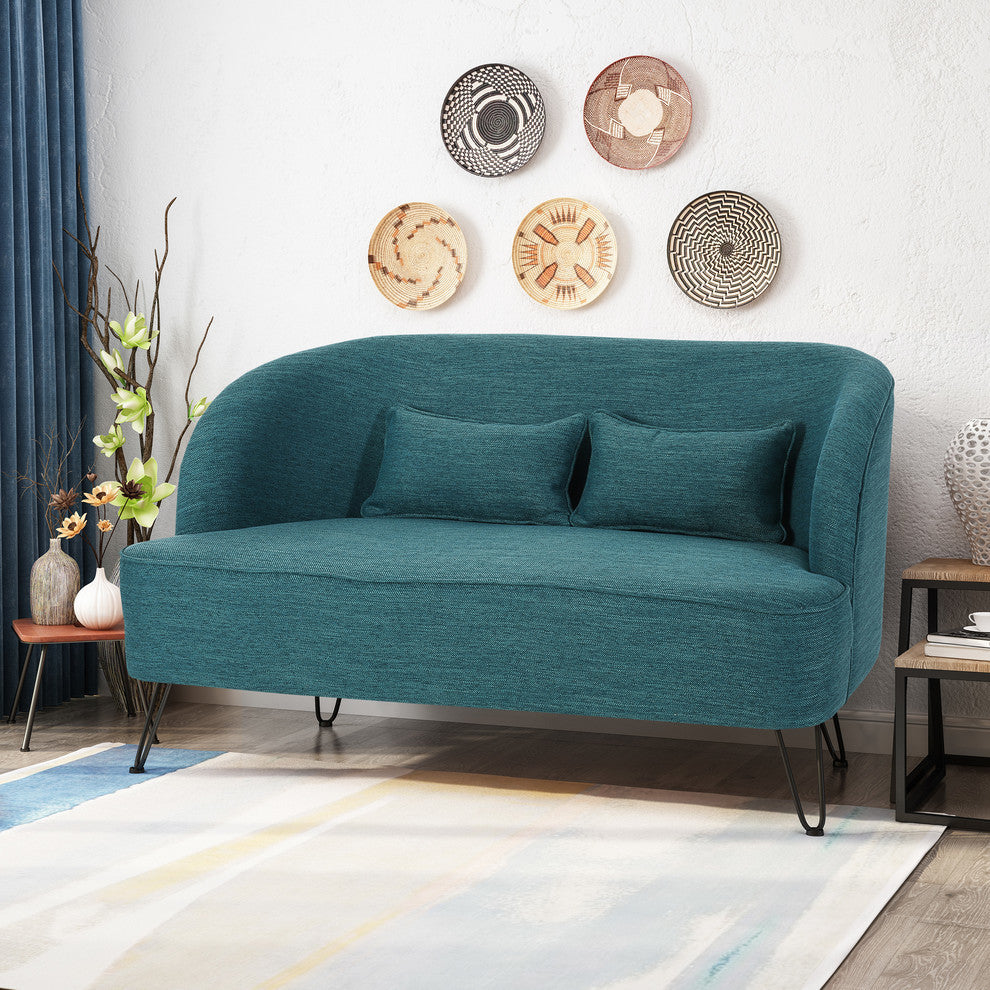 Jordan Modern Fabric Loveseat With Hairpin Legs, Teal