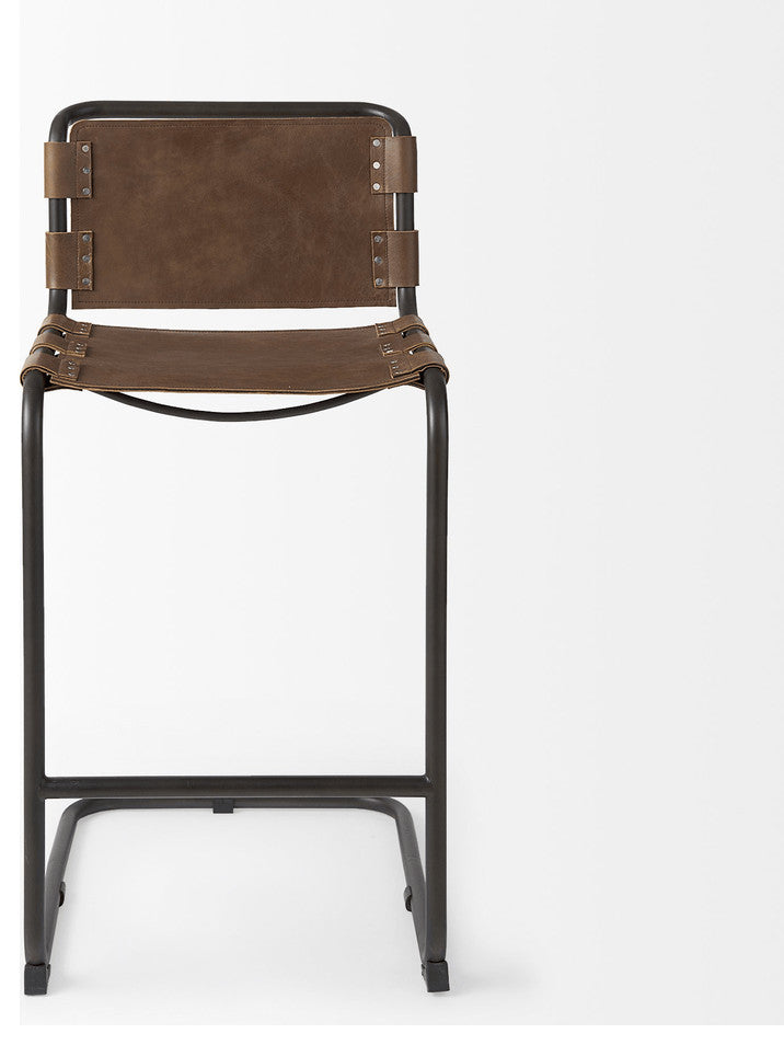 Light Brown Leather Iron Framed Bar Stool