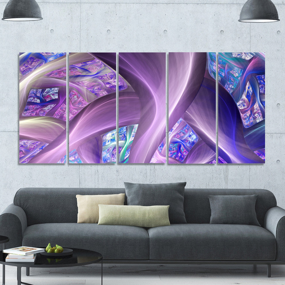 Purple Blue Fractal Curves, Abstract Canvas Art Print, 60"x28", 5 Panels