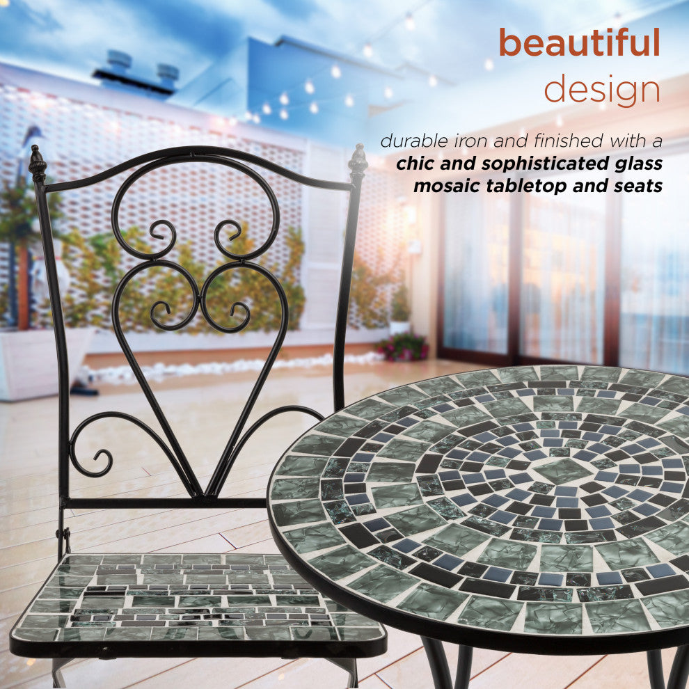 Marbled Glass Mosaic 3-Piece Bistro Set Folding Table and Chairs Patio Seating
