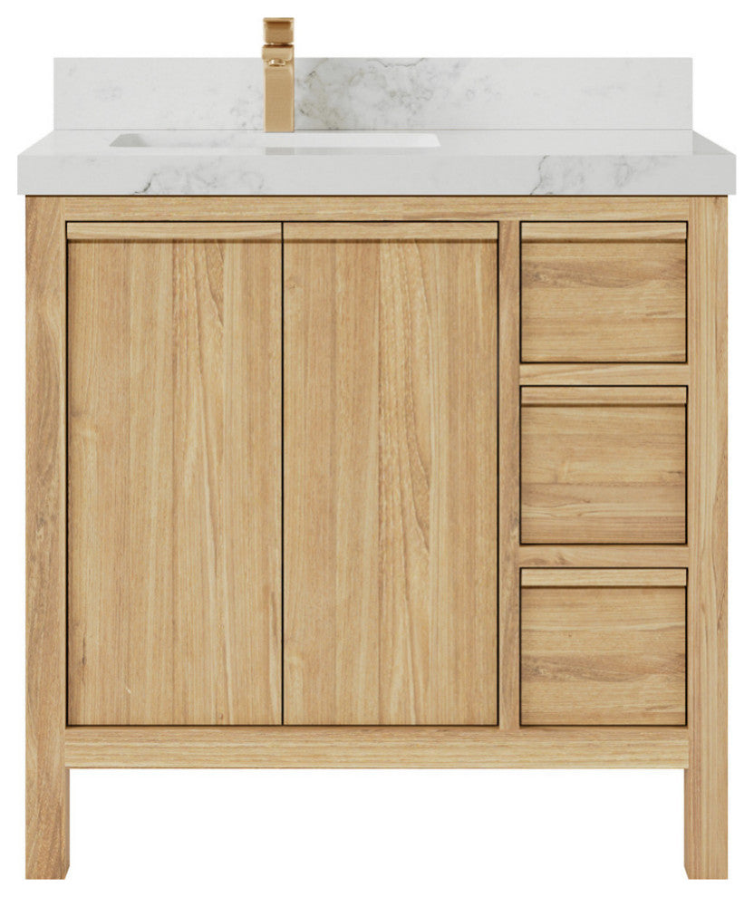 Elizabeth 36 Left Offset Bath Vanity in Light Natural Teak 2" Calacatta Nuvo