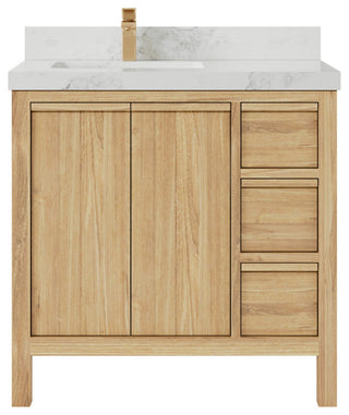 Elizabeth 36 Left Offset Bath Vanity in Light Natural Teak 2" Calacatta Nuvo
