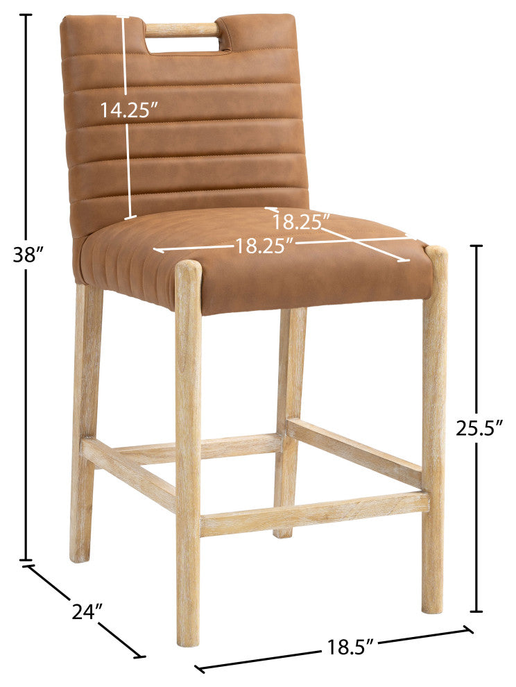 Aimee Upholstered Counter Stool, Cognac, Vegan Leather, Natural Oak Finish