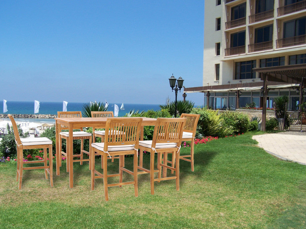 7 Piece Teak Wood Castle 71" Rectangular Patio Bistro Bar Set with 6 Barstools
