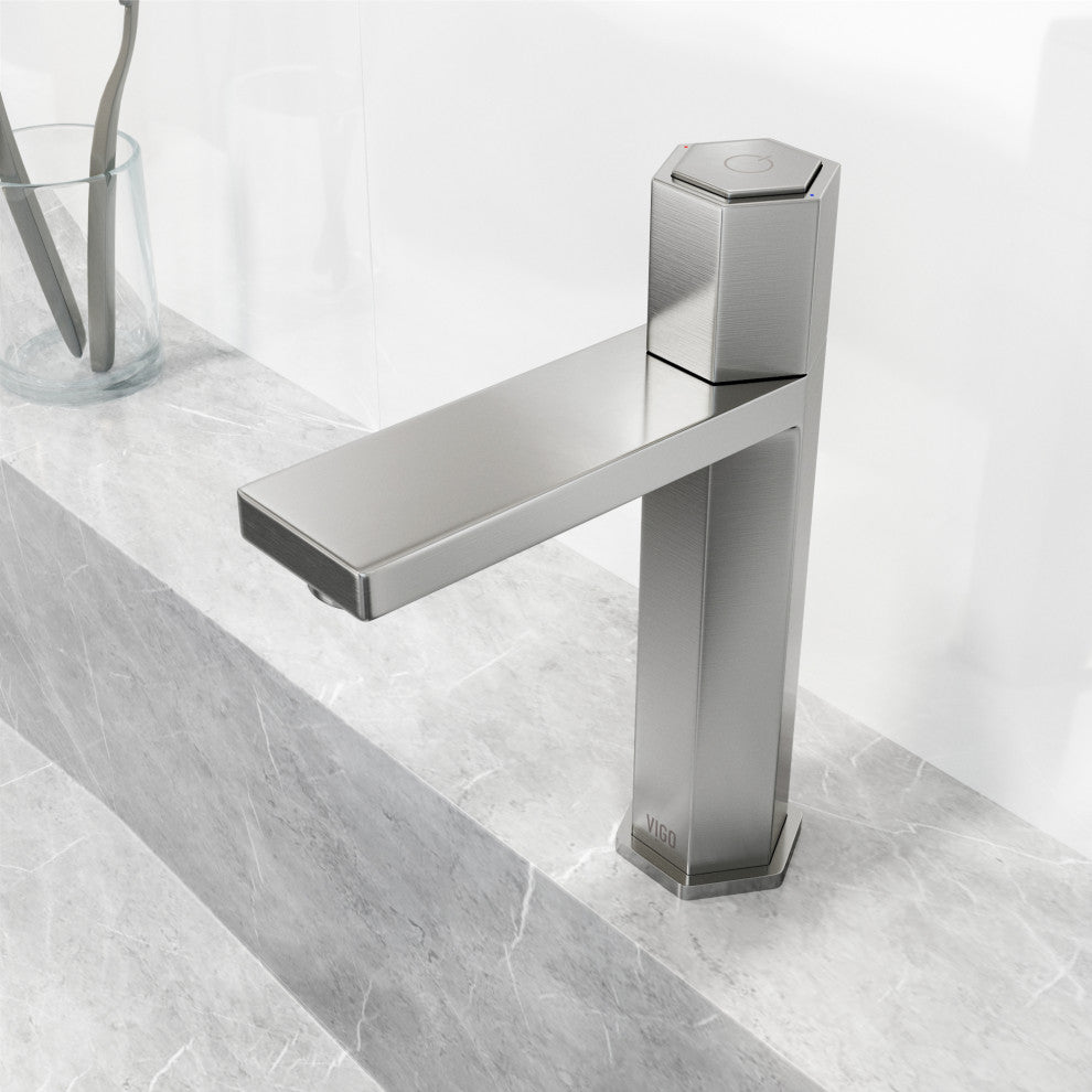 VIGO Nova 8" H Button Operated Single Hole Bathroom Faucet, Brushed Nickel, Without Extras