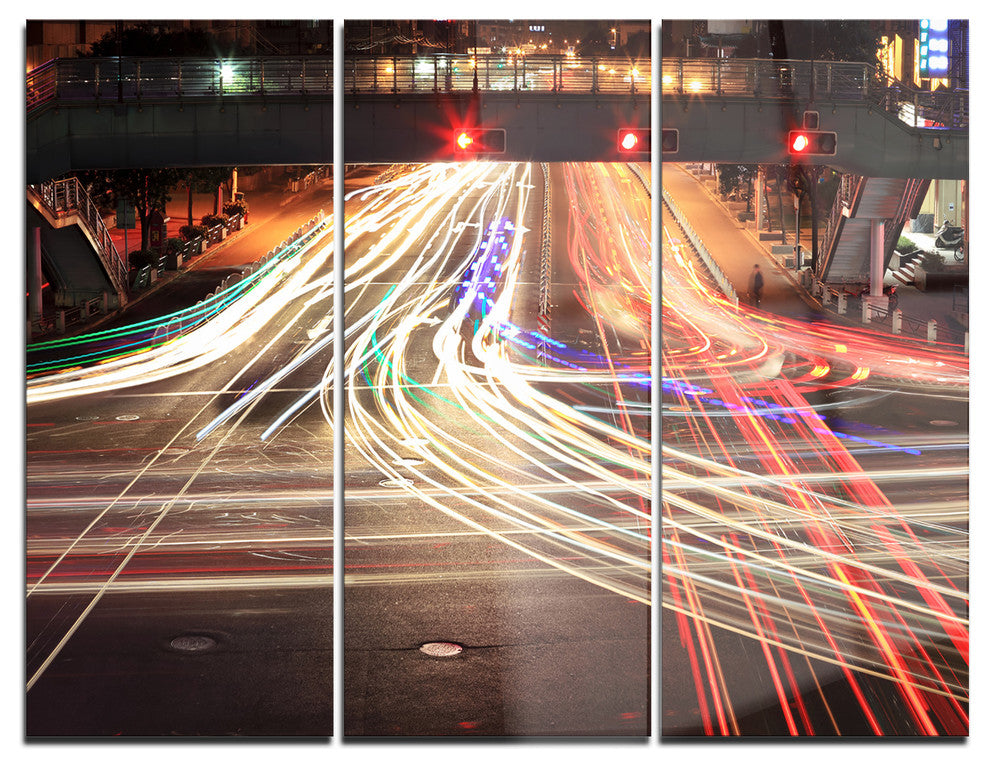 "Light Traces on Crossroad" Digital Metal Wall Art, 3 Panels, 36"x28"
