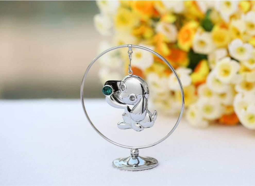 2018 Year of the Dog Chrome Plated Silver Puppy Hoop w/ Green Crystal