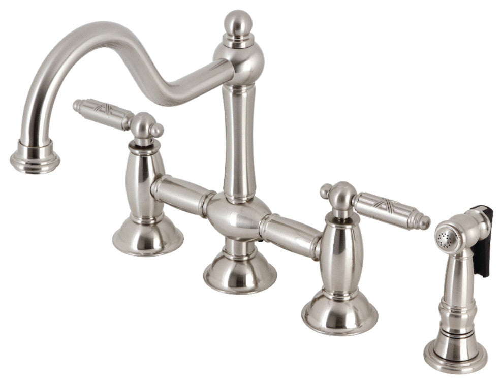 KS3798GLBS Restoration Bridge Kitchen Faucet With Brass Sprayer, Brushed Nickel