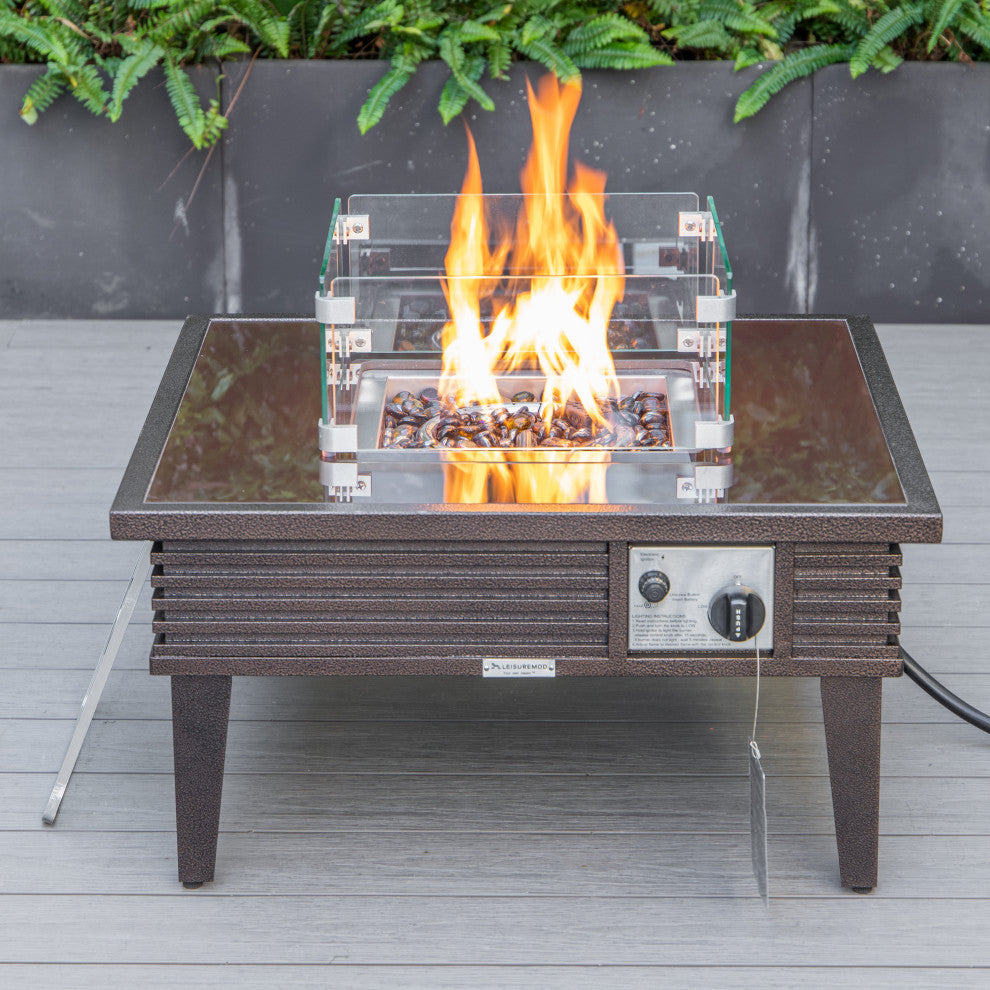 Leisuremod Walbrooke Patio Square Fire Pit Table With Aluminum Slats Frame, Brown