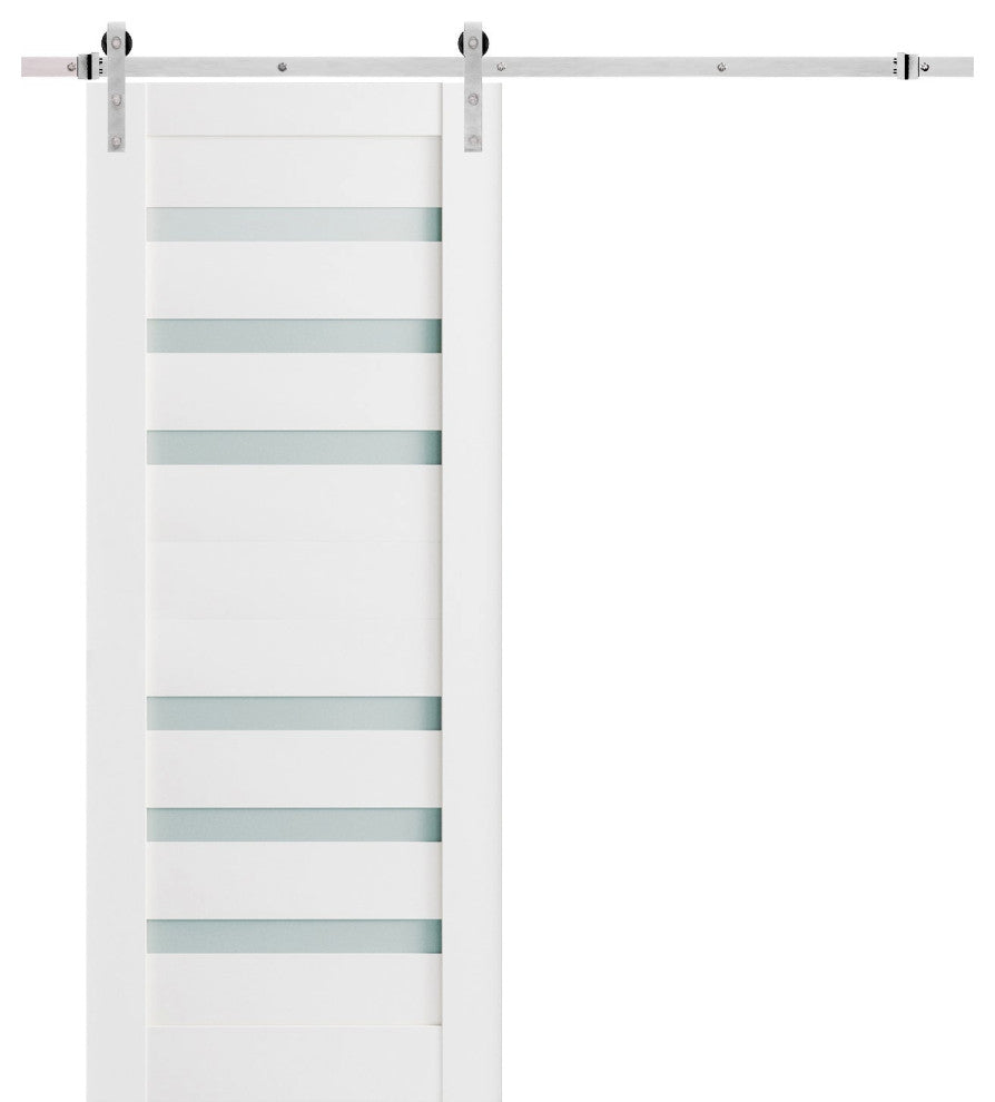 Barn Door 42 x 96 Frosted Glass, Quadro 4266 White, Silver 8' Set
