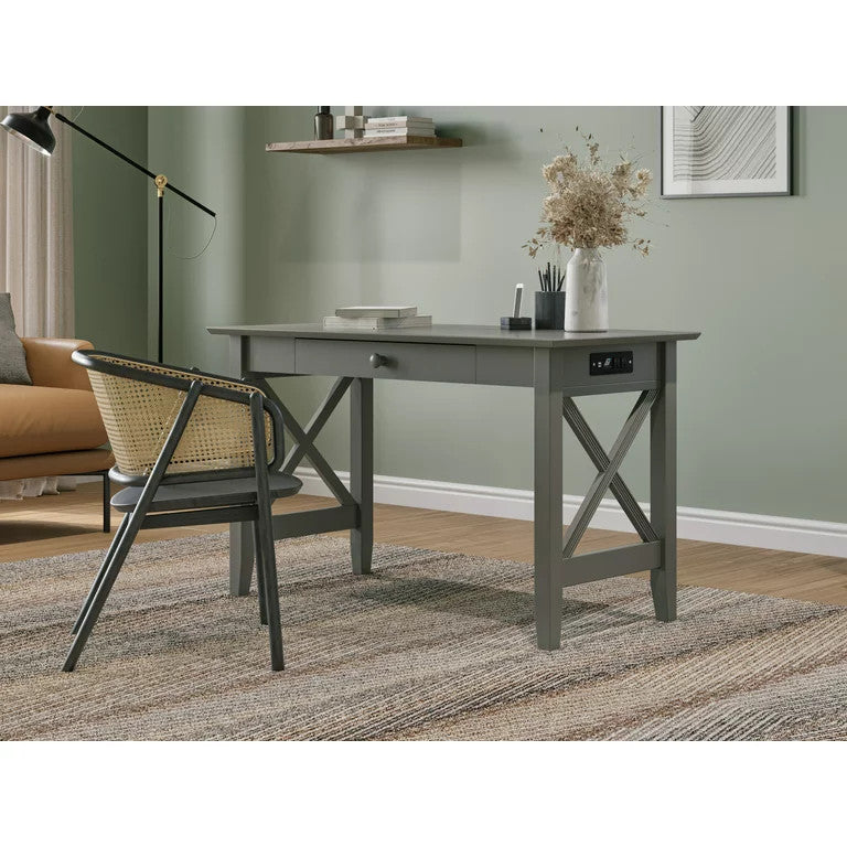 Classic Desk, Hardwood Frame With Rectangular Top & Storage Drawer, Gray