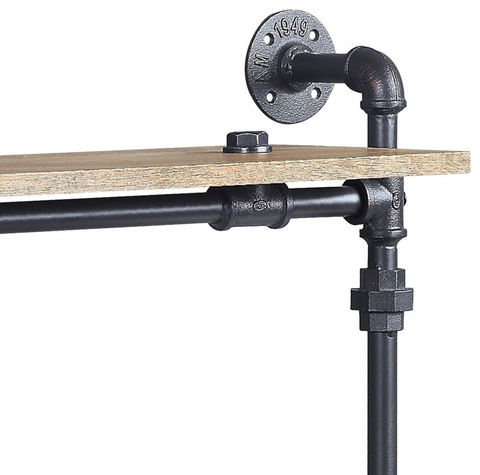 Benzara BM275482 Wood Wall Mount Double Shelf, Metal Pipe Design, Brown/Black