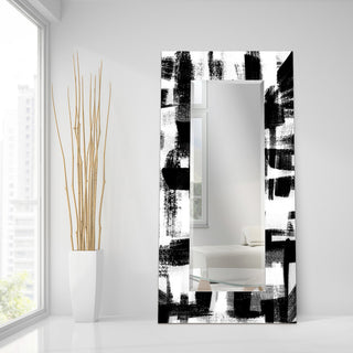 Abstract Rectangular Beveled Wall Mirror on Free Floating Printed Tempered Glass
