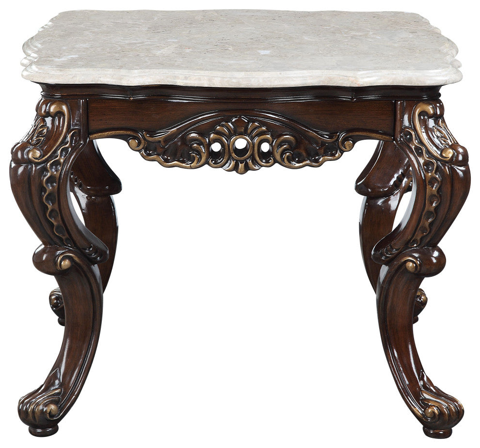 ACME Benbek End Table, Marble and Antique Oak Finish