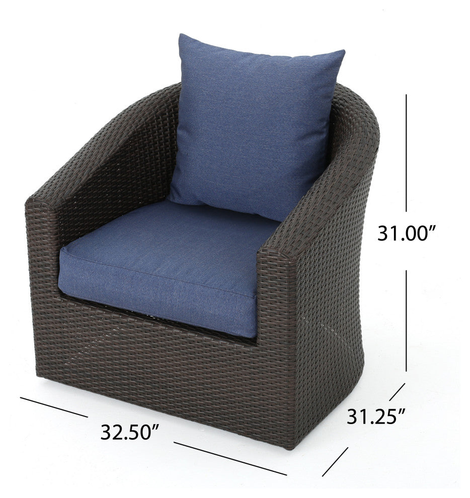 GDF Studio Dillard Outdoor Mix Brown Wicker Swivel Club Chair, Navy Blue, Set of 4
