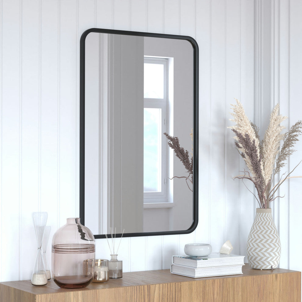 Jada Decorative Wall Mirror with Rounded Corners, Matte Black, 24" X 36"
