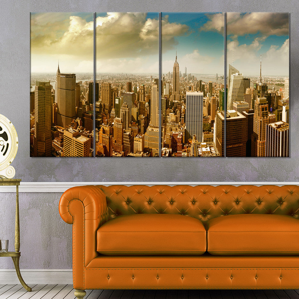 Midtown and Downtown Manhattan, Modern Cityscape Canvas Print, 48"x28", 4 Panels