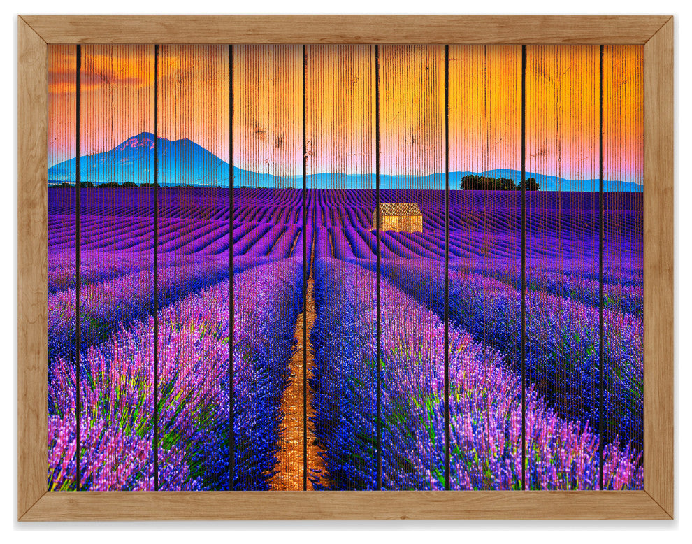 Faux Wood Lavender Fields and Sunset Landscape Framed Photo Paper Wall Art Print, Red Oak, 18" X 24"