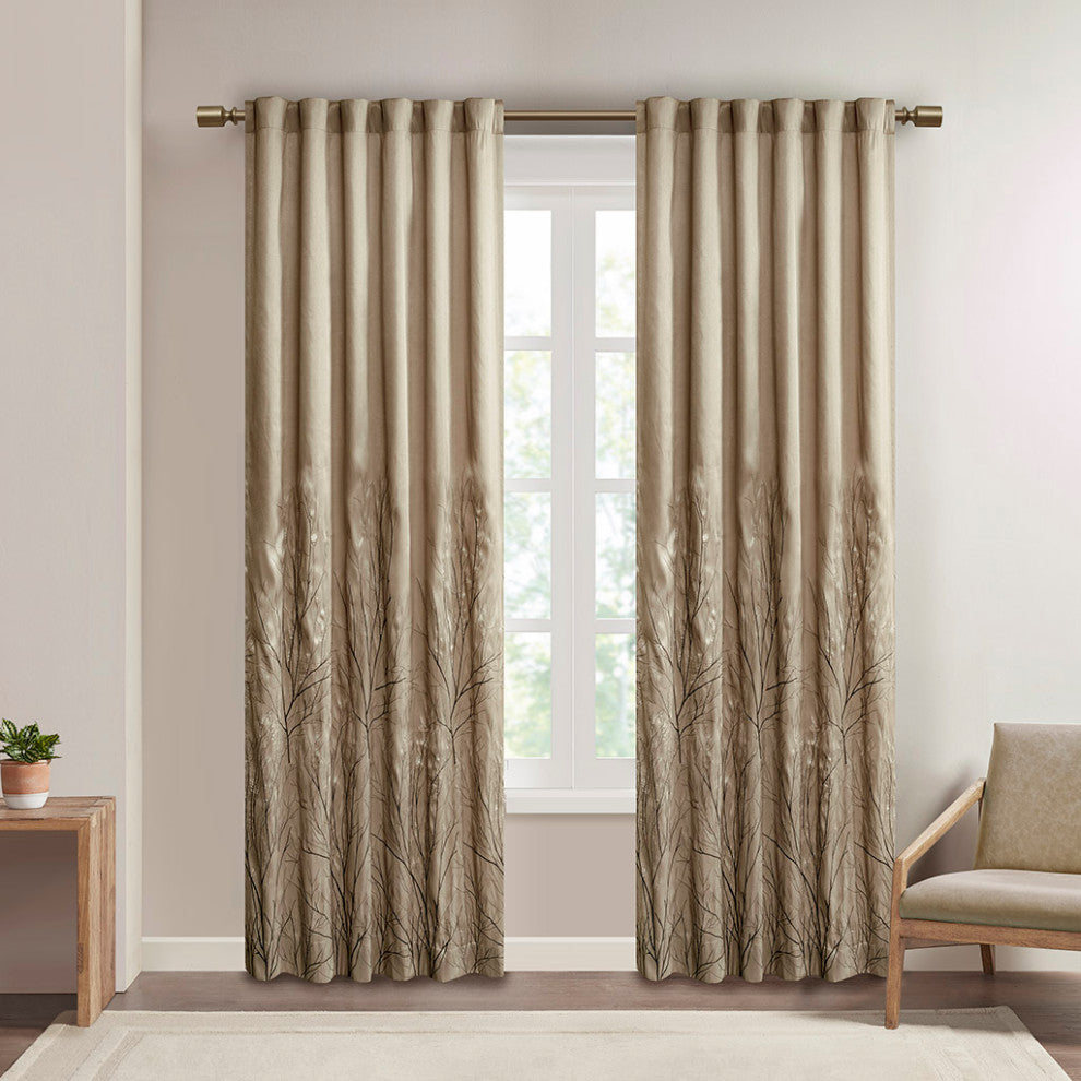 Madison Park Andora Embroidered Branches Faux Silk Window Panel, Blue, Tan, 95"