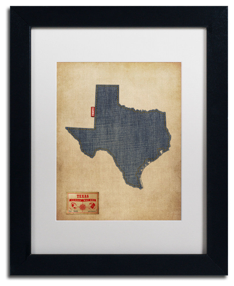 'Texas Map Denim Jeans Style' Matted Framed Canvas Art by Michael Tompsett