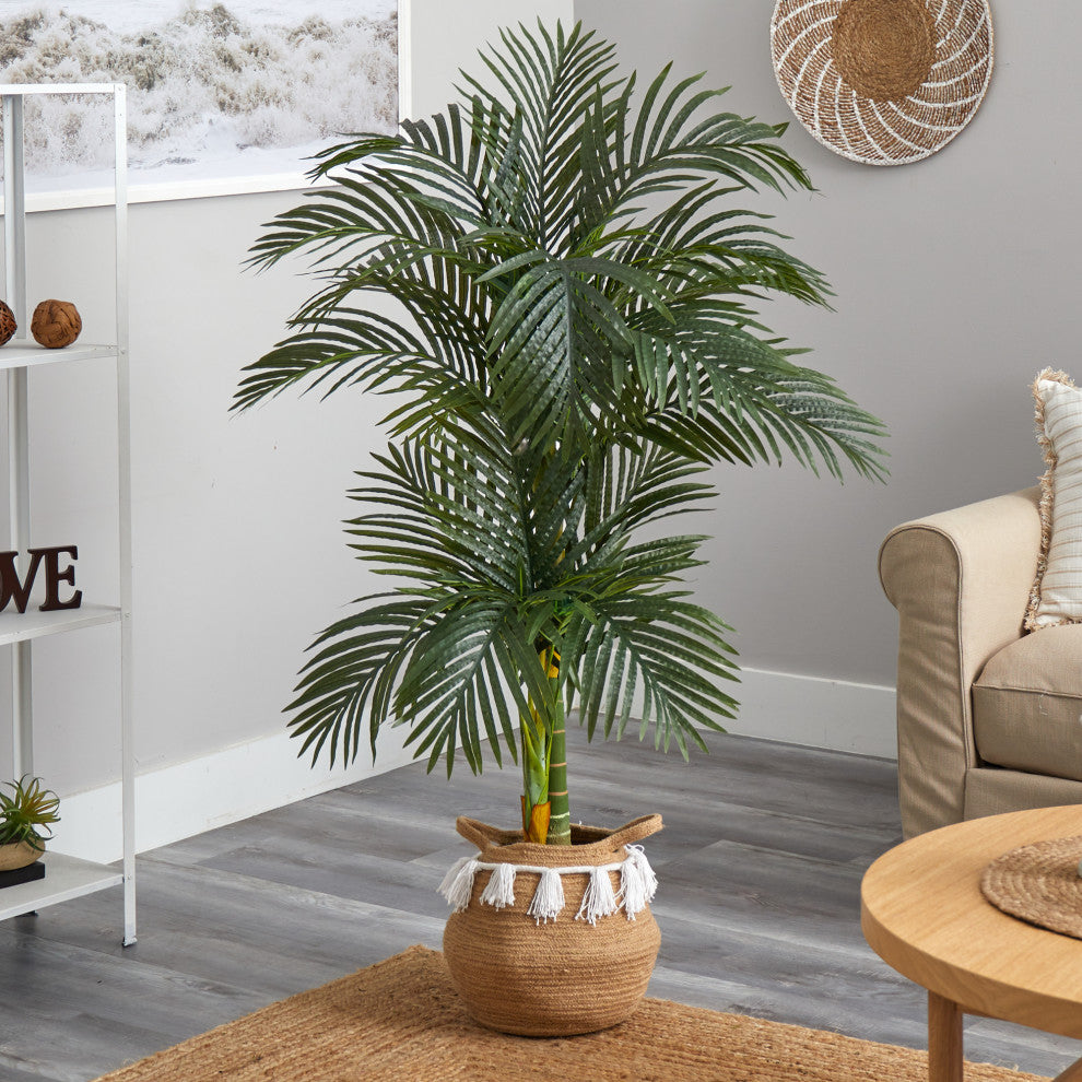 5ft. Artificial Double Stalk Golden Cane Palm Tree With Handmade Basket