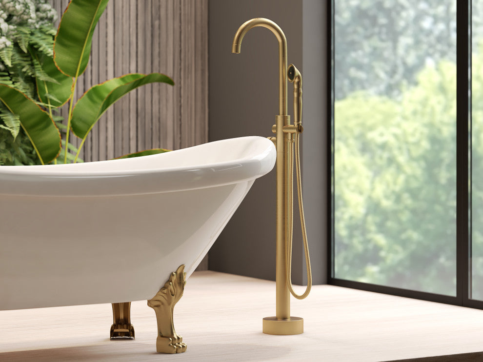 CastelloUSA Neptune Freestanding Tub Filler Faucet, Brushed Gold, Breeze Handle