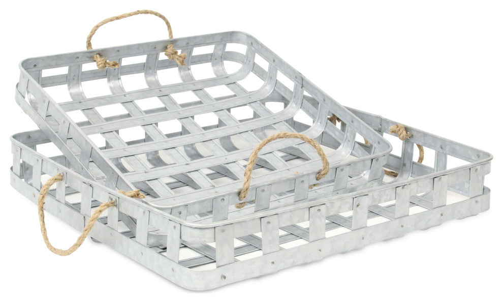 Set of 2 Galvanized Metal Tray With Rope Handles