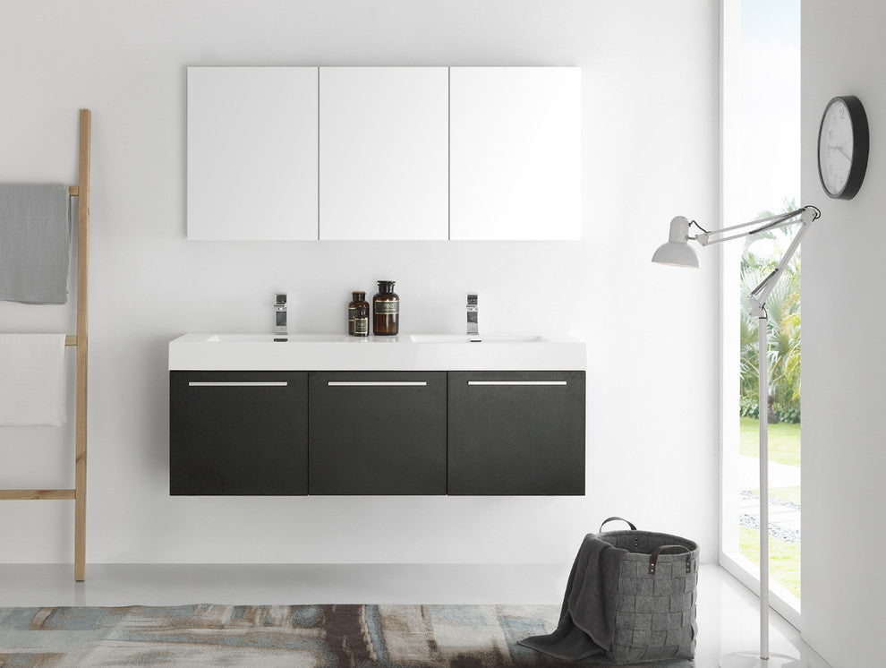Vista 60" Black Wall Hung Double Sink Modern Bathroom Vanity, FFT9151CH