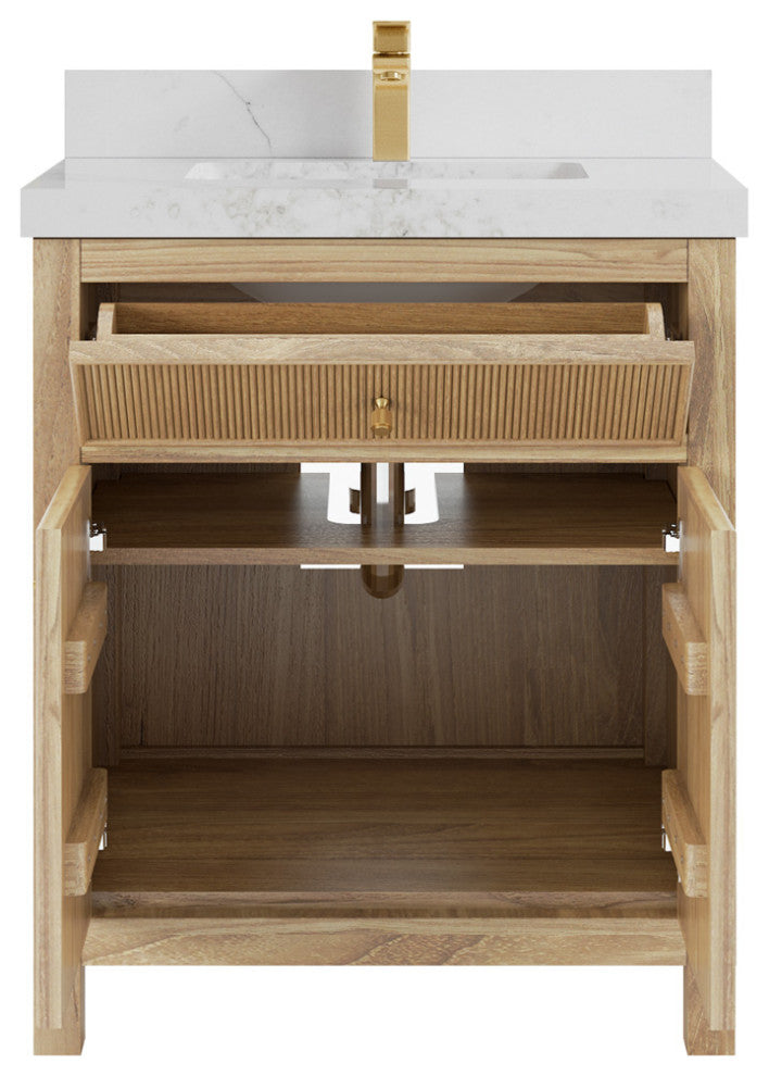 Sonoma 30 Single Sink Bath Vanity in Light Natural Teak with 2" Calacatta Nuvo