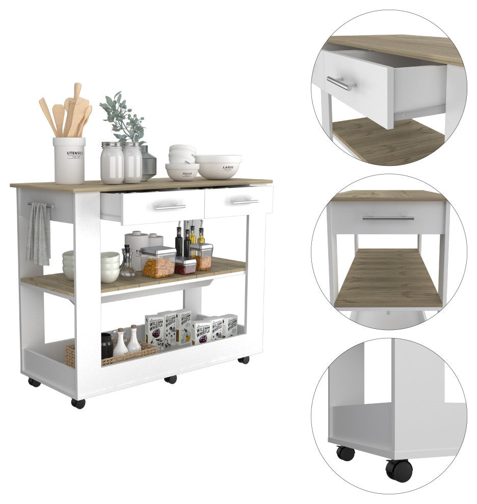 Brooklyn 80 Light Oak Accented Kitchen Island, with shelves and drawers - White